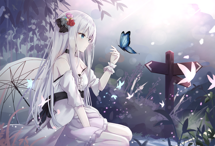 Anime girl with silver hair and blue eyes and a butterfly