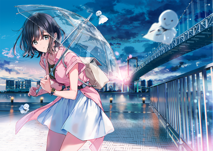 Girl with umbrella on a bridge at night
