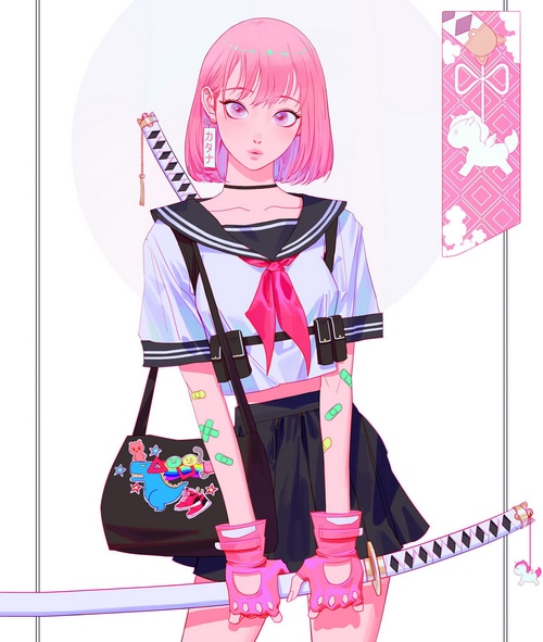 Woman with pink hair and katana
