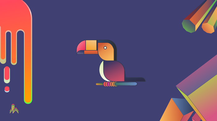 Toucans and geometric shapes on a purple background