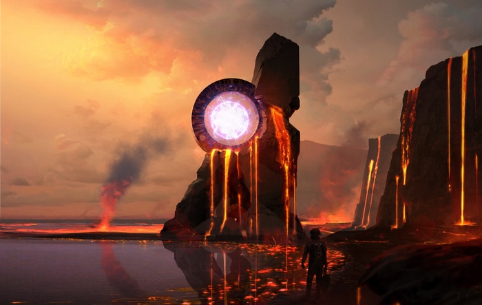 Fantasy portal on a rocky shore with lava flows