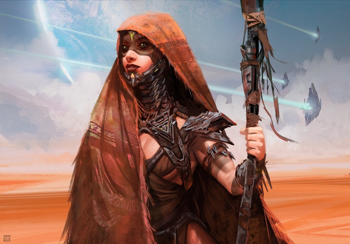 Fantasy art of a desert warrior with a staff
