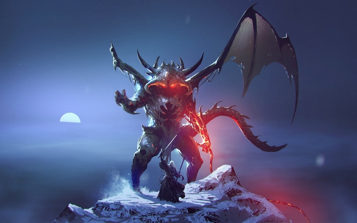 Gandalf fighting the Balrog on a snowy mountain