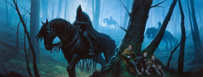 Nazgûl on horseback in a forest with hobbits