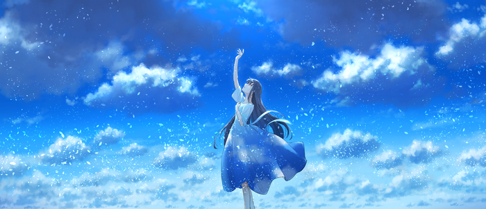 Girl in blue dress reaching up in the sky