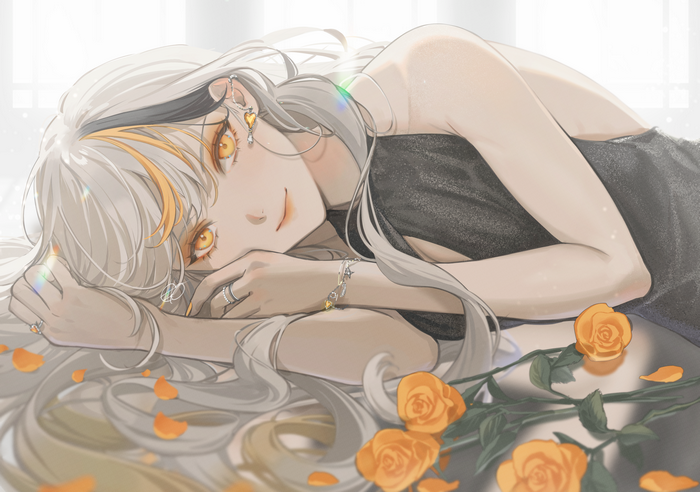 Woman with orange eyes and gray hair lying down