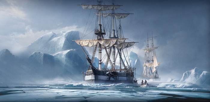 Ships navigating through icy waters with glaciers