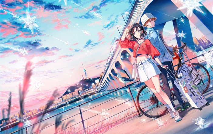 Couple with bicycle and suitcase on a bridge