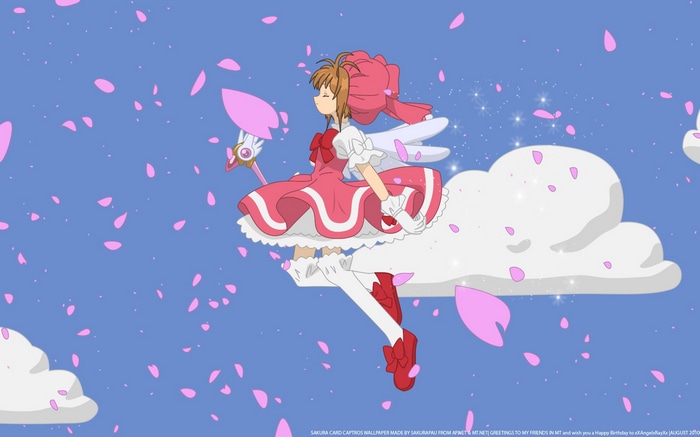Sakura Kinomoto on a cloud with falling petals