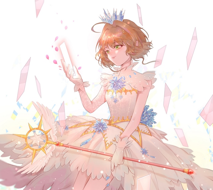 Sakura Kinomoto in a white dress with a wand