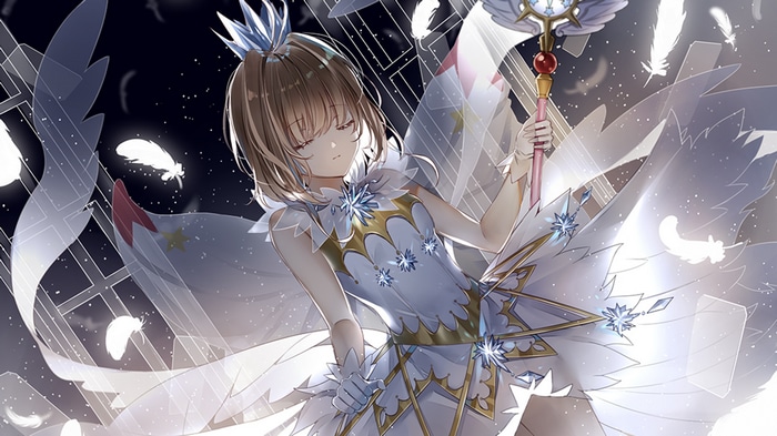 Sakura Kinomoto in a white magical outfit with wings