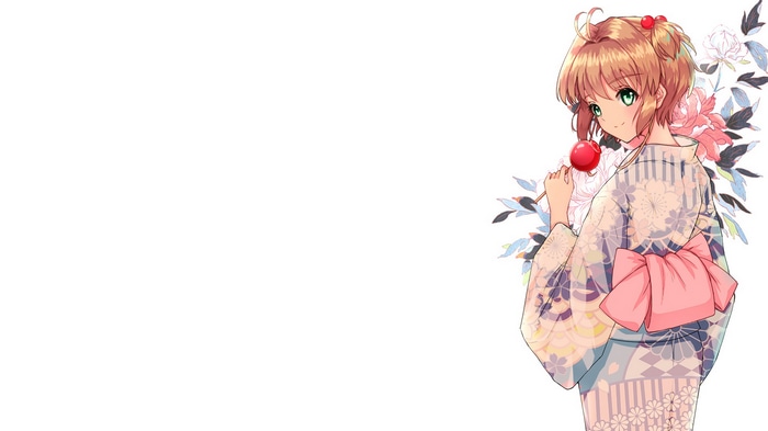 Sakura Kinomoto in a Kimono Holding a Candy Apple