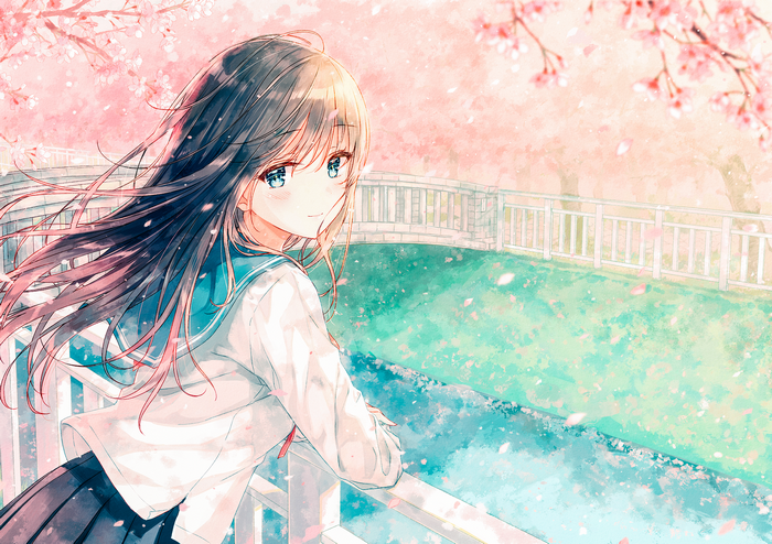 Girl in Sailor Uniform Under Cherry Blossoms