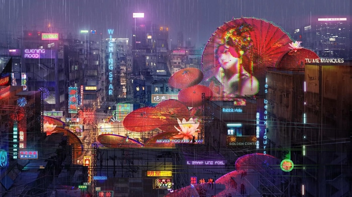 Cyberpunk Cityscape with Neon Signs and Rain