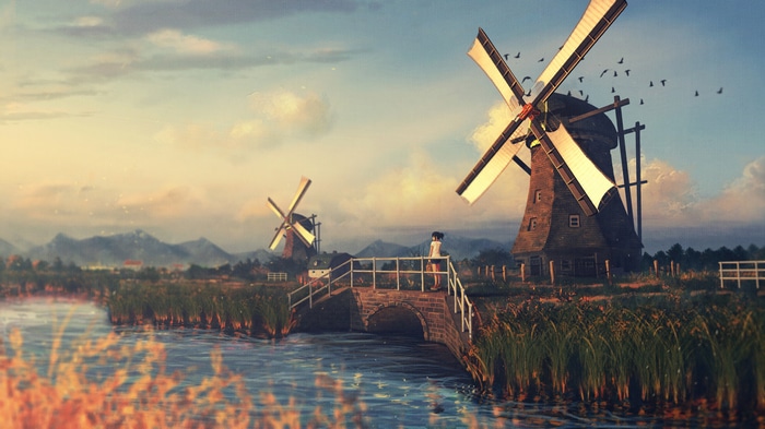 4K anime scene with windmills and a girl