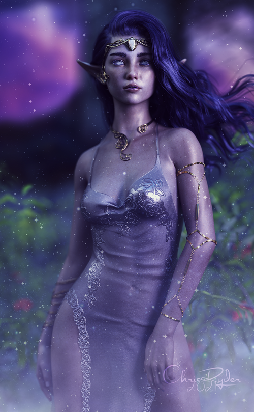 Fantasy elf woman with purple hair and ornate jewelry