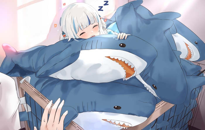 Gawr Gura sleeping on Blåhaj plushies