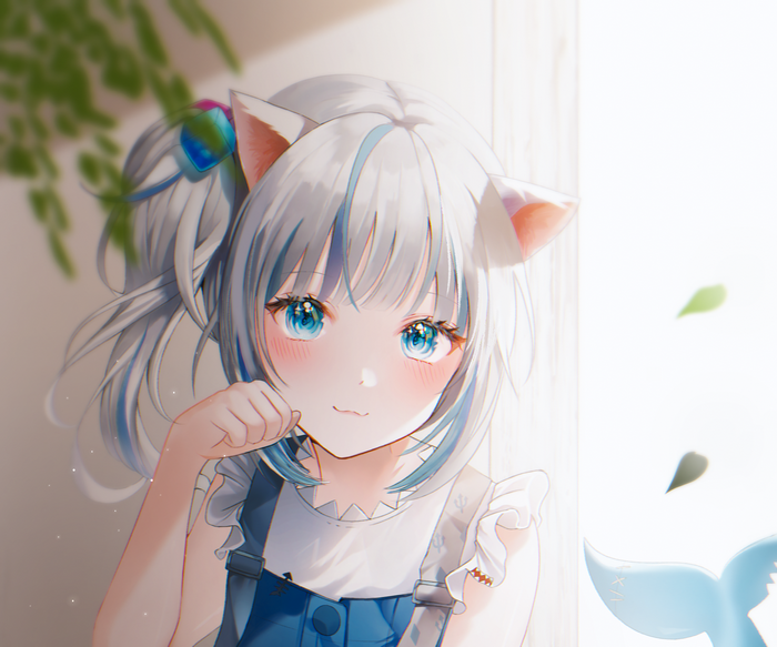 Gawr Gura with cat ears and blue overalls