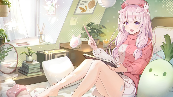 Anime girl with pink hair sitting on a bed