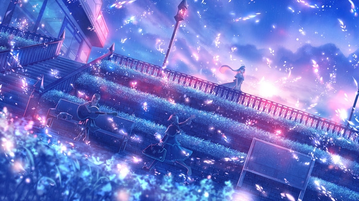 Anime girls playing music and dancing under a starry sky