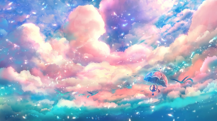 Anime girl with umbrella flying in a colorful sky