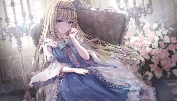 Girl with blonde hair and tiara in a blue dress