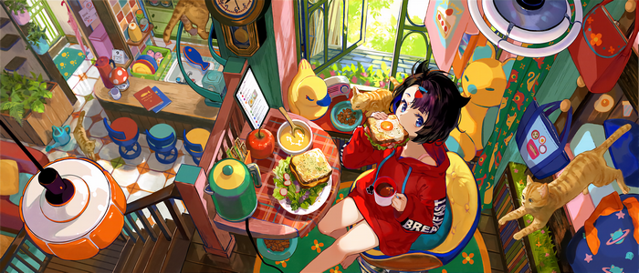 Anime girl eating breakfast with cats
