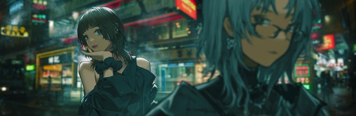 Anime girls in a neon-lit city street