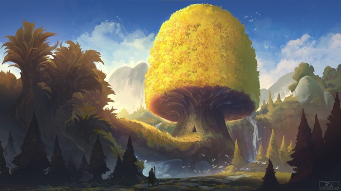 Fantasy art of a giant mushroom tree by Richard Lay