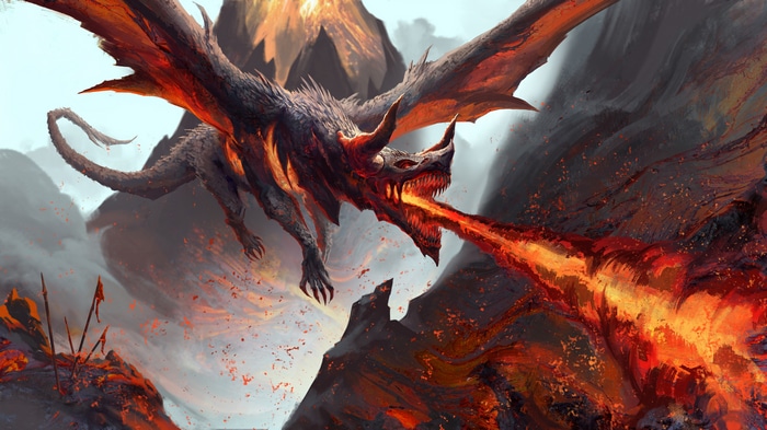 4K Dragon breathing fire near a volcano