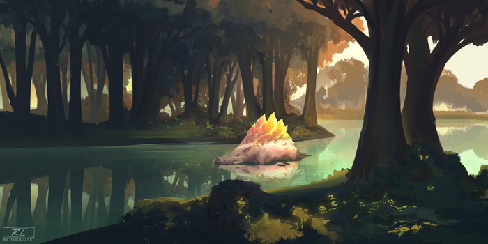 Fantasy art of a creature in a forest lake