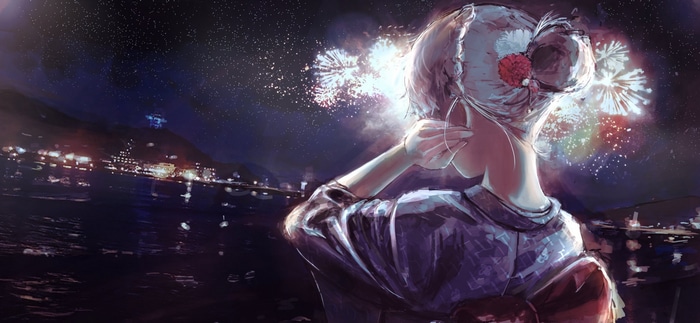 Girl in Yukata Watching Fireworks