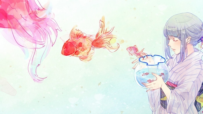 Girl in Kimono Holding a Fishbowl with Goldfish