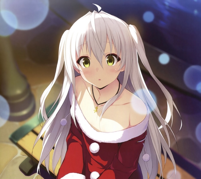 Itsui in a Santa costume with white hair and green eyes