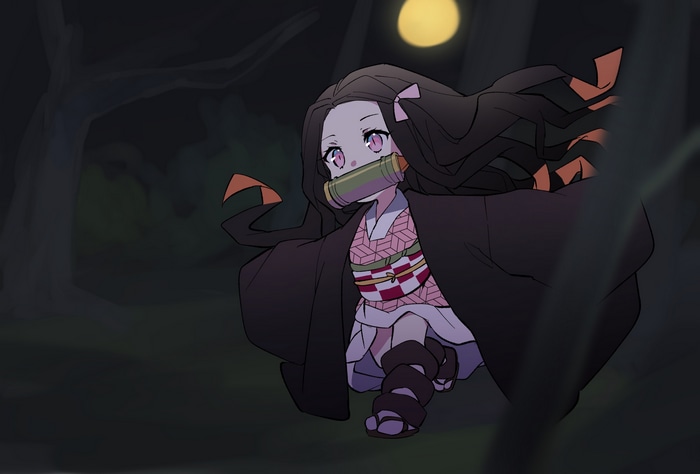 Kamado Nezuko running in a dark forest under the moon