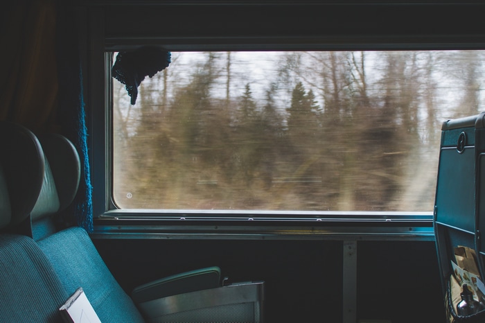 Train window with motion blur of trees