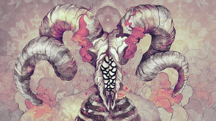 Creature with large horns and skull face