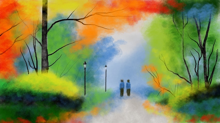 Digital painting of a colorful park in fall