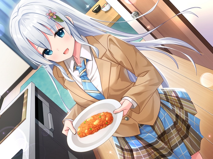 4K anime girl with silver hair holding food