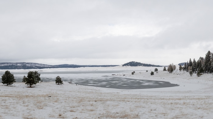 Snowy landscape with frozen lake and pine trees