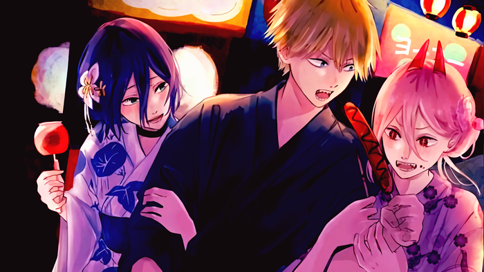 Chainsaw Man Denji, Power, and Reze at a Festival