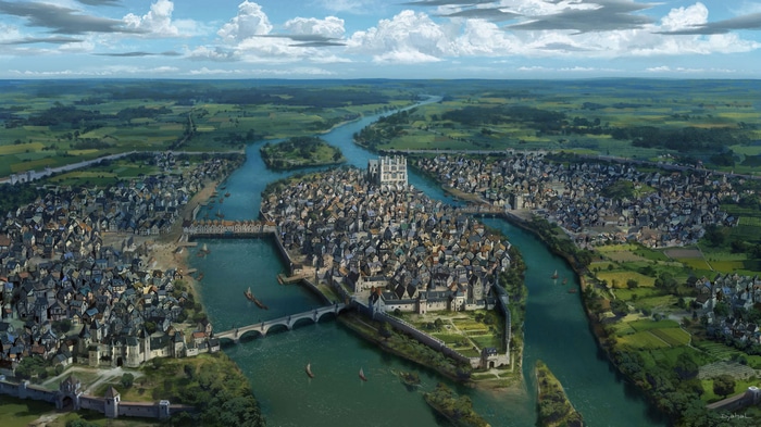 Fantasy city on a river with a large central building