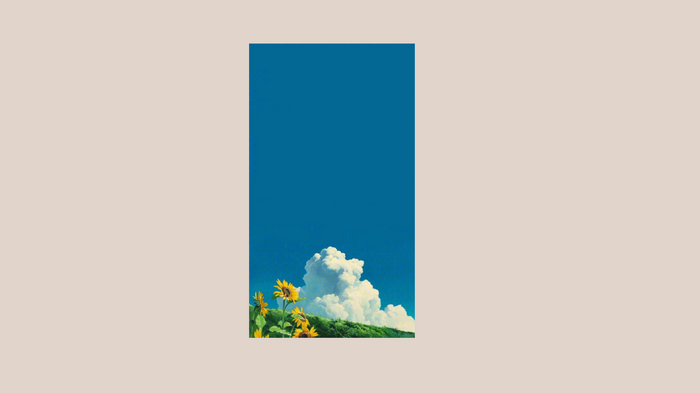 Painting of sunflowers under a blue sky with clouds