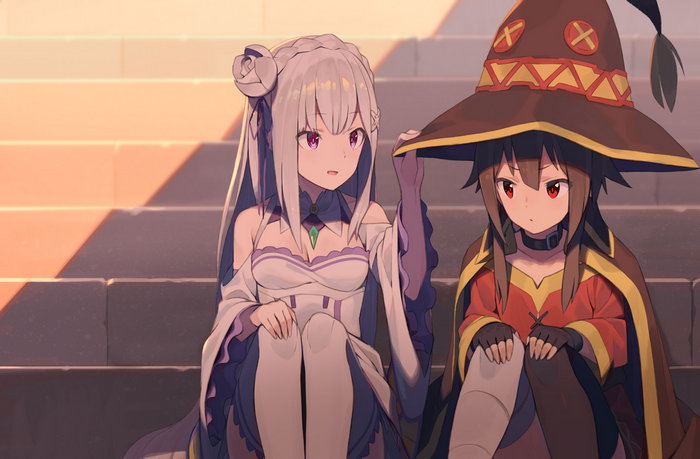 Emilia and Megumin sitting on stairs