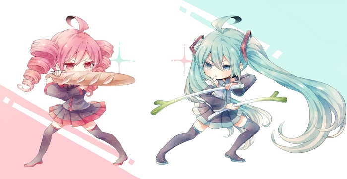 Hatsune Miku and Kasane Teto with food