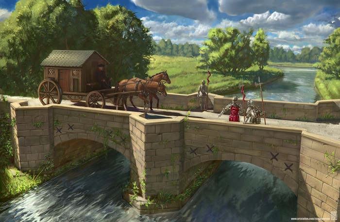 Camille Sule's medieval bridge with knights and carriage