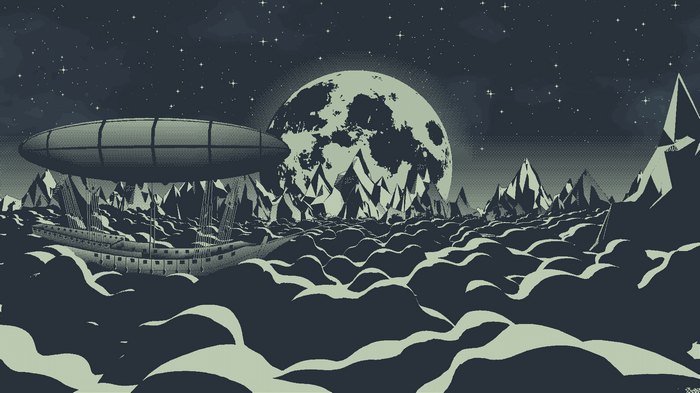 Pixel art zeppelin over mountains under a starry sky