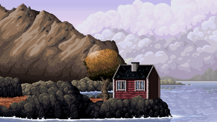 Pixel art house on rocks by a lake with mountains