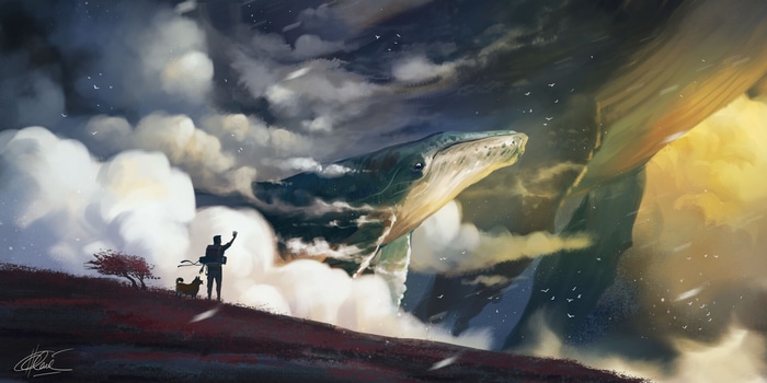 Fantasy art of a whale in the clouds with a person and dog