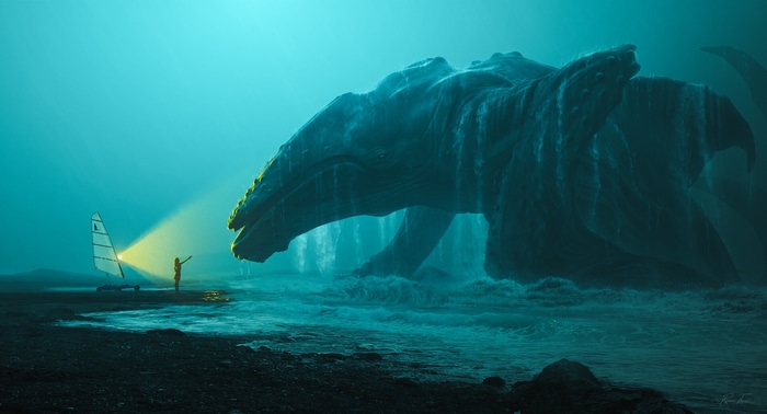 Giant creature emerges from the ocean near a sailboat